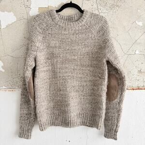 J Crew Sweater Wool Alpaca Oatmeal Chunky Knit Elbow Patches Womens‎ M Neutral